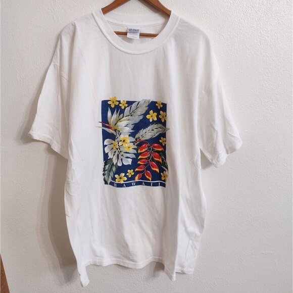 Gildan Other - Vintage Gildan Hawaii Floral Leaf Design Graphic White T Shirt Mens XL